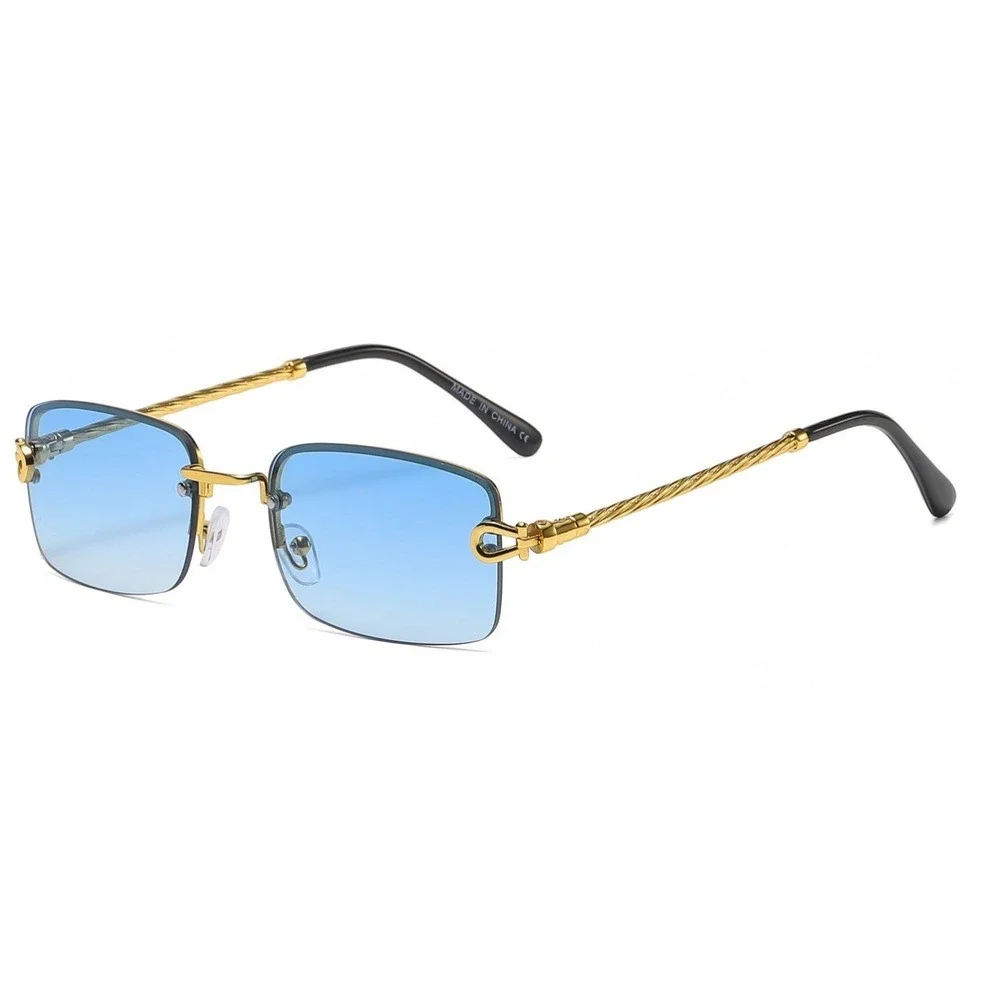 Rimless‎ Rectangle Sunglasses Blue Lens Gold Frame Men's Fashion Hip Hop Classic